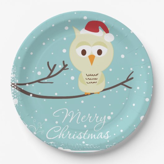 かわいいサンタフクロウ目出しクリスマスライトブルー ペーパープレート (正面)