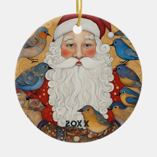 かわいいサンタブルーの鳥たち セラミックオーナメント (正面)