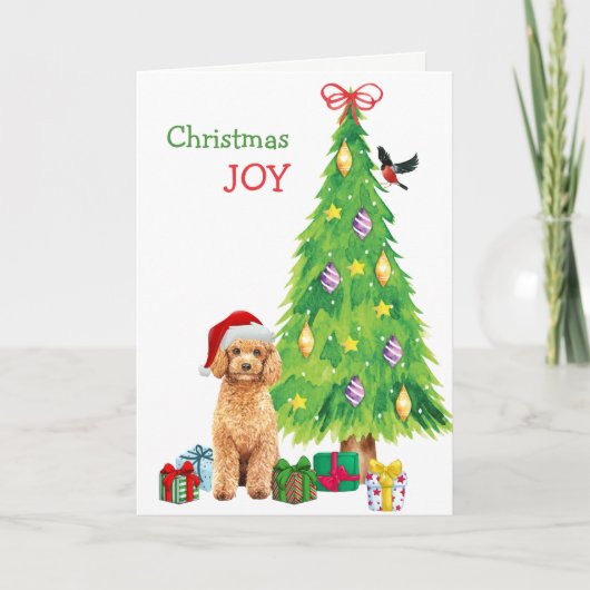 かわいいサンタプードルアンドホリデーツリークリスマス シーズンカード (正面)