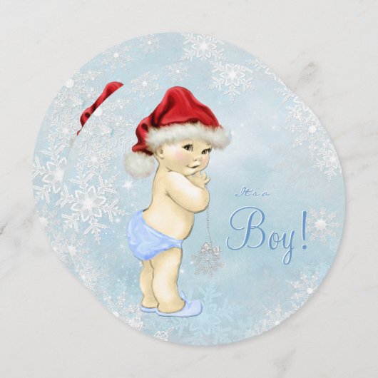 かわいいサンタベビーブルースノーフレーク赤ちゃんシャワー 招待状 (正面/裏面)