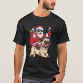 かわいいサンタ乗りパグ犬パグおもしろいドグクリスマス Tシャツ (正面)