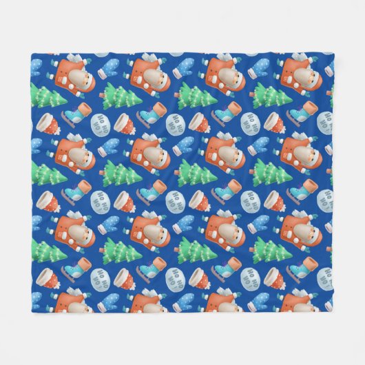 かわいいサンタ冬クリスマスマンガブルーパターン フリースブランケット (正面(横))