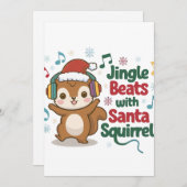 かわいいサンタ帽とヘッドフォンをつけたリス - H シーズンカード (正面/裏面)