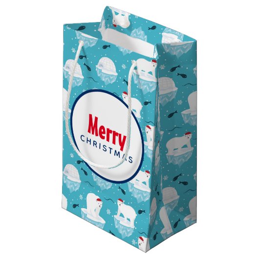 かわいいサンタ帽の北極クマのクリスマスパターン スモールペーパーバッグ (正面アングル)