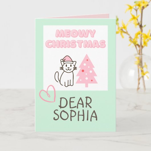 かわいいサンタ帽の猫とツリーのクリスマスカード パステル カード (黄色い花)