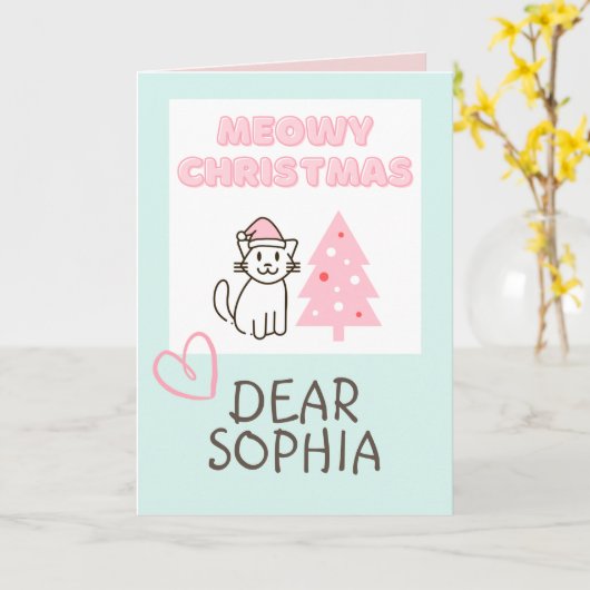 かわいいサンタ帽の猫とツリーのクリスマスカード パステル カード (黄色い花)