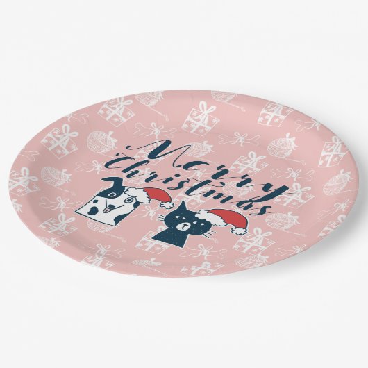 かわいいサンタ犬及び猫のイラストレーションのクリスマス ペーパープレート (アングル)