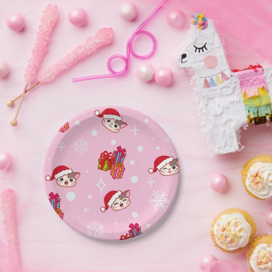 かわいいサンタ猫ちゃんピンククリスマスパーティープレート ペーパープレート (パーティー)