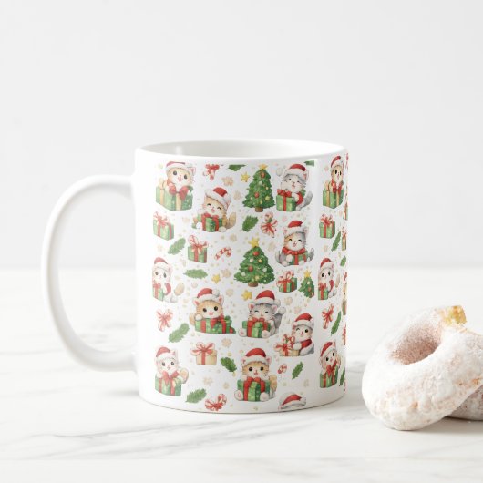 かわいいサンタ猫のクリスマスマグ コーヒーマグカップ (ドーナツ)