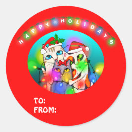 かわいいサンタ猫クリスマスステッカー/ギフトラベル ラウンドシール