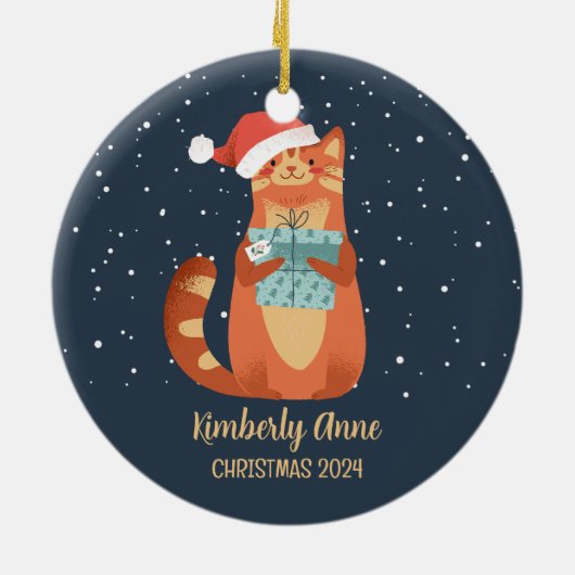 かわいいサンタ猫クリスマススノーウィークウィンターホリデー セラミックオーナメント (裏面)