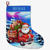 かわいいサンタ車の名前を追加 ラージクリスマスストッキング (正面)
