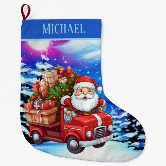 かわいいサンタ車の名前を追加 ラージクリスマスストッキング (正面)