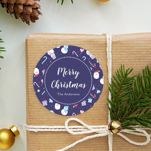 かわいいサンタ雪だるまキャンディーケーンクリスマスパターン ラウンドシール