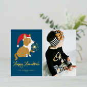 かわいいサンタ・コルギ写真ブルーハッピーハヌッカ 箔シーズンカード (立ち正面)