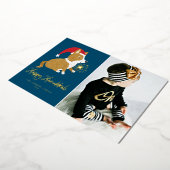 かわいいサンタ・コルギ写真ブルーハッピーハヌッカ 箔シーズンカード (回転した状態)