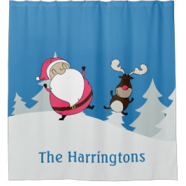 かわいいサンタ&トナカイ名前をカスタムするシャワーカーテン シャワーカーテン