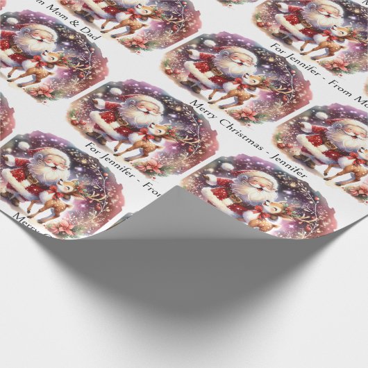 かわいいサンタ・トナカイ子どもの名前をクリスマスに追加 ラッピングペーパー (角)