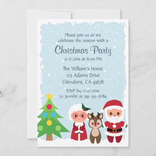 かわいいサンタ | トナカイ | スノーフレーククリスマスパーティー 招待状 (正面)