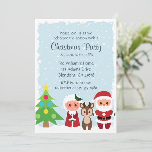 かわいいサンタ | トナカイ | スノーフレーククリスマスパーティー 招待状 (スタンド正面)