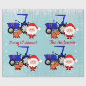 かわいいサンタ、トナカイ、農用トラクターがパップを包む ラッピングペーパー (フラット)