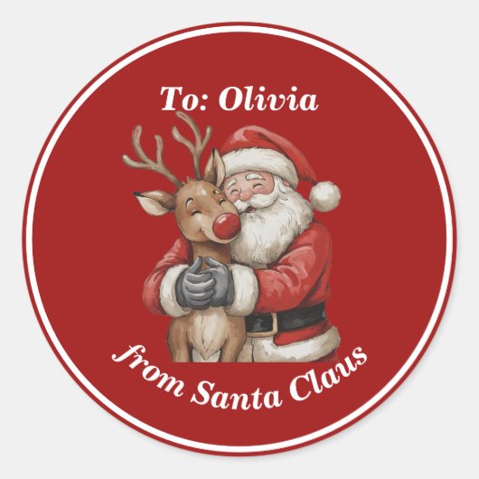 かわいいサンタ&トナディアハグカスタムレッドクリスマス ラウンドシール (正面)