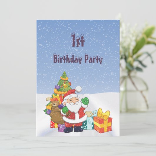 かわいいサンタ&小包の雪景色1st誕生日 招待状 (スタンド正面)