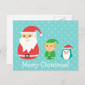かわいいサンタ、小妖精や小人とペンギン、メリークリスマス シーズンポストカード (正面/裏面)