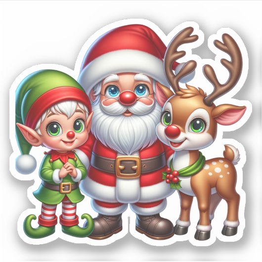 かわいいサンタ、小妖精や小人、トナカイのクリスマス シール (正面)