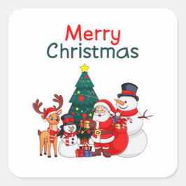 かわいいサンタ、雪だるま、トナカイのクリスマス スクエアシール