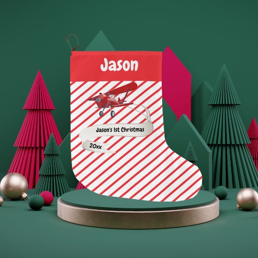 かわいいサンタ&飛行機、初めてのクリスマスパーソナライズされた、 ラージクリスマスストッキング