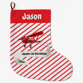 かわいいサンタ&飛行機、初めてのクリスマスパーソナライズされた、 ラージクリスマスストッキング (正面)