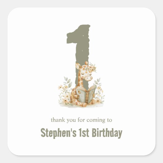 かわいいサンドグリーンのキリン 1歳の誕生日パーティー スクエアシール (正面)