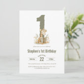 かわいいサンドグリーンのキリン 1歳の誕生日パーティー 招待状 (スタンド正面)