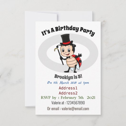 かわいいサンバルタとネクタイの帽子をかぶった漫画の虫 招待状 (正面)