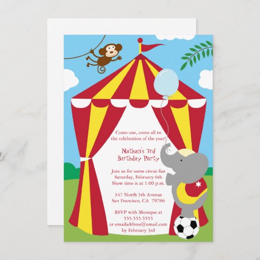かわいいサーカスのテーマの男の子/女の子の誕生会の招待 招待状 (正面/裏面)