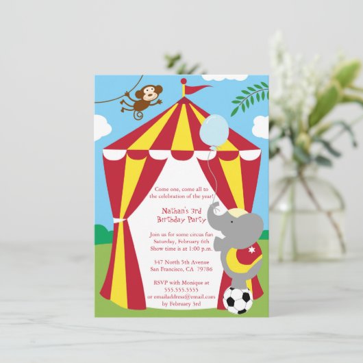 かわいいサーカスのテーマの男の子/女の子の誕生会の招待 招待状 (スタンド正面)