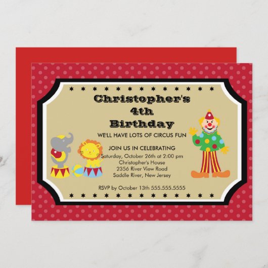 かわいいサーカスの子供の誕生日のパーティの招待状 招待状 (正面/裏面)