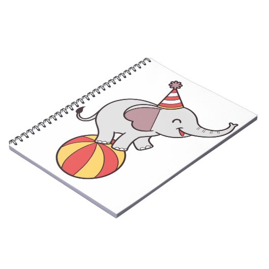 かわいいサーカスの象がボールを弾む - 誕生日パーティーのイラスト ノートブック (左側)