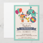 かわいいサーカスの象と子犬の子供の誕生日パーティー 招待状 (正面/裏面)