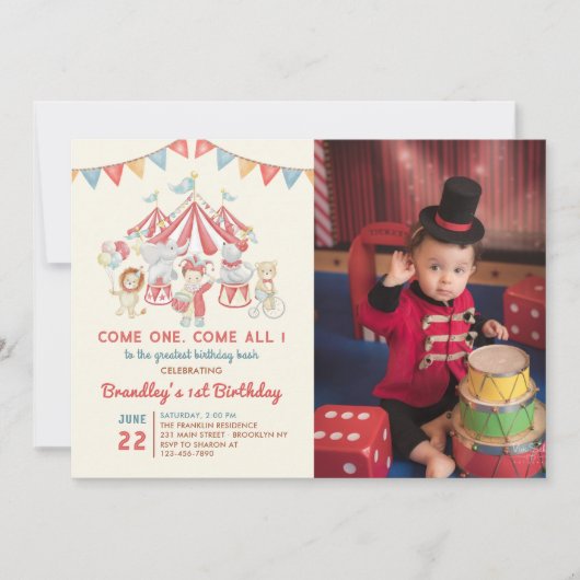 かわいいサーカスアニマルカーニバル誕生日写真 招待状 (正面)