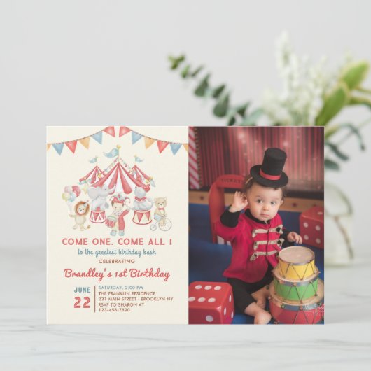 かわいいサーカスアニマルカーニバル誕生日写真 招待状 (スタンド正面)