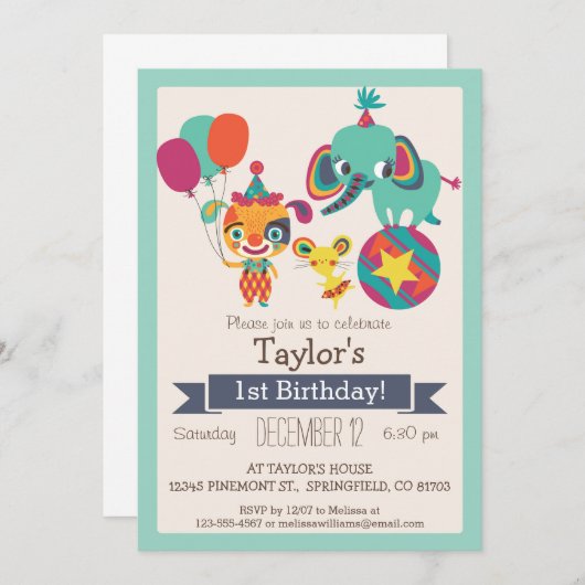 かわいいサーカスエレファント、子犬の誕生日パーティー 招待状 (正面/裏面)