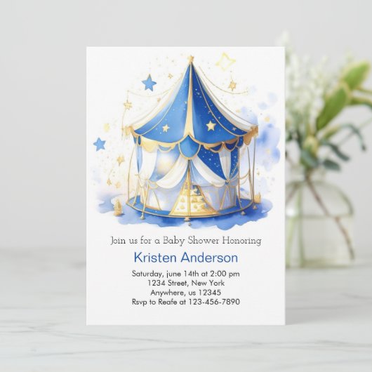 かわいいサーカスドリームランド水彩少年の赤ちゃんシャワー 招待状 (スタンド正面)