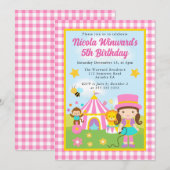 かわいいサーカスブラウン髪の女の子トレーナーキッズ誕生日 招待状 (正面/裏面)