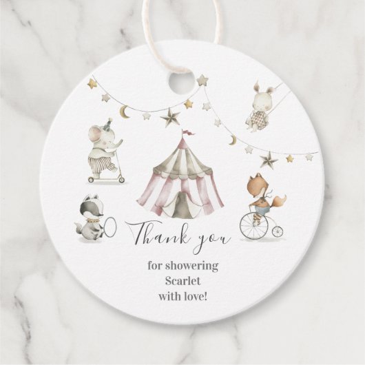 かわいいサーカス動物ベビーシャワーサークルメッセージカード フェイバータグ (正面)