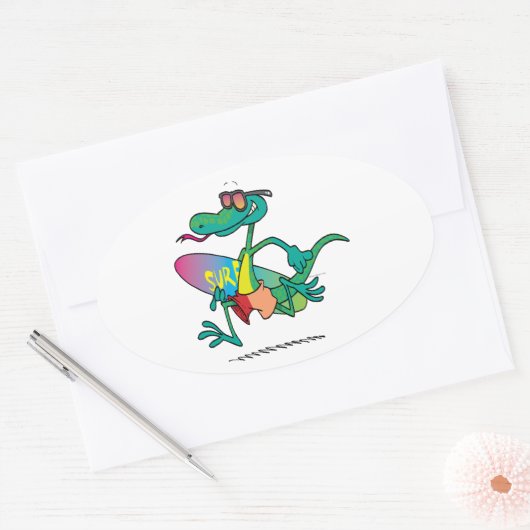 かわいいサーフおもしろいァービーチトカゲ漫画 楕円形シール (封筒)