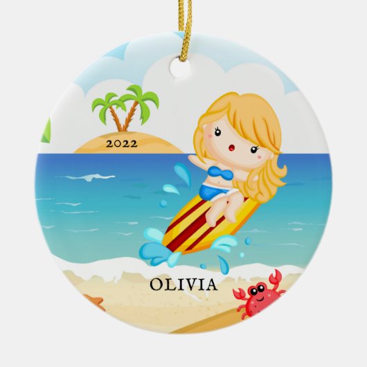 かわいいサーファーガールパーソナライズされたクリスマス セラミックオーナメント (正面)