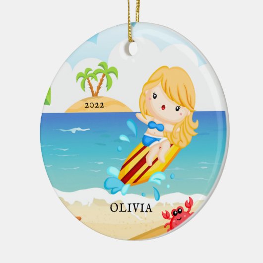かわいいサーファーガールパーソナライズされたクリスマス セラミックオーナメント (左)