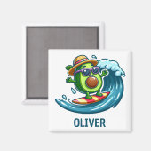 かわいいサーファー・アボカドが波に打ちパーソナライズされた付け マグネット (正面/裏面)